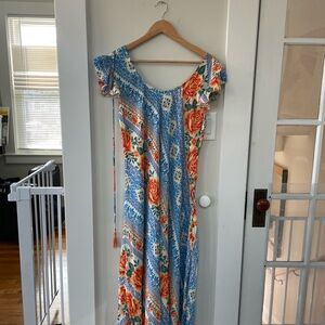 Floral Blue and Orange Maxi Dress